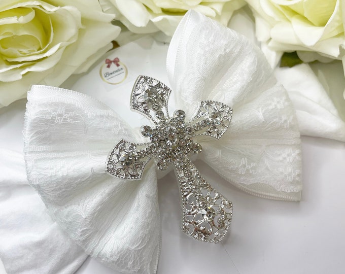 White Satin Christening Bow: Silver Cross Baby Headband