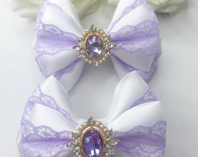 Lilac Lace Baby Bow Clips: Piggie Set, Girls Hair Accessories