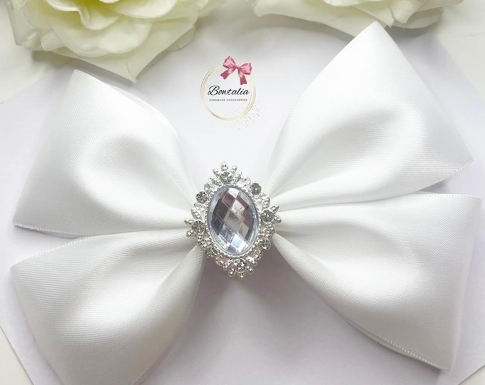 Large White Bow Clip: Silver Embellishment, Handmade Hair Accessory