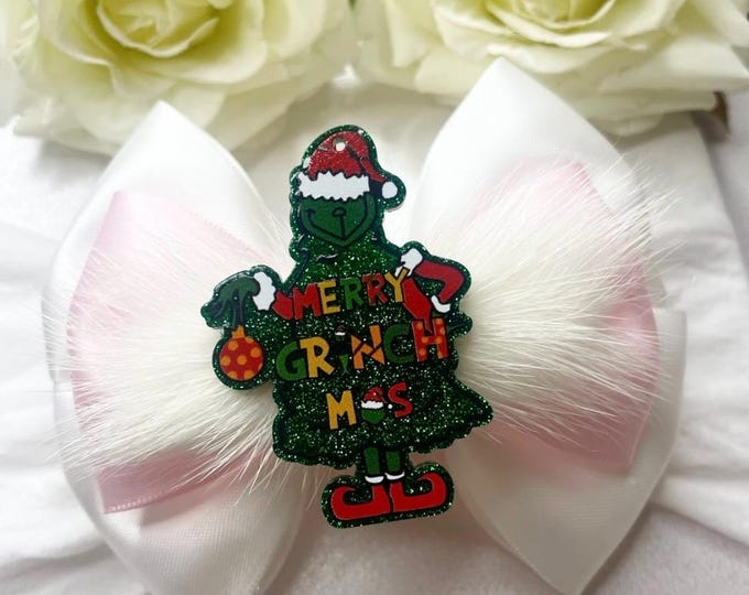 Grinch Christmas Bow Headband, White and pink Holiday Hair Accessory