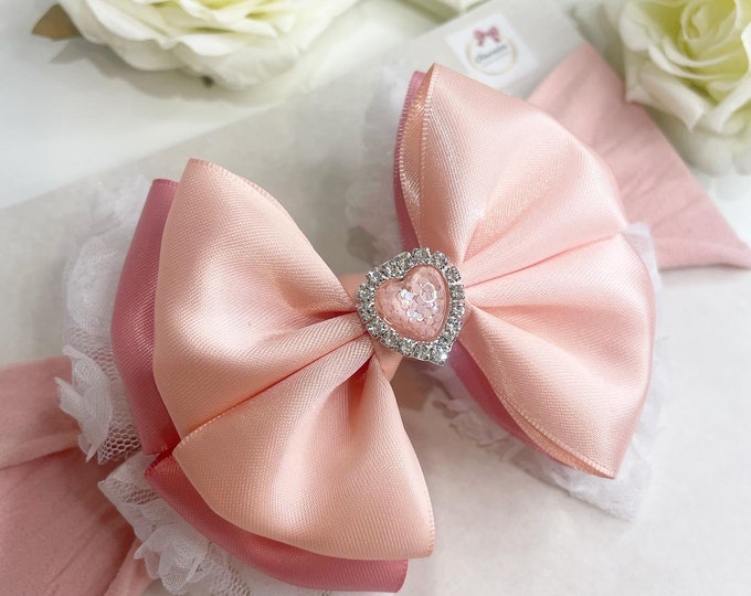 Peach Silky Ribbon Baby Headband: Summer Bow with Heart Detail