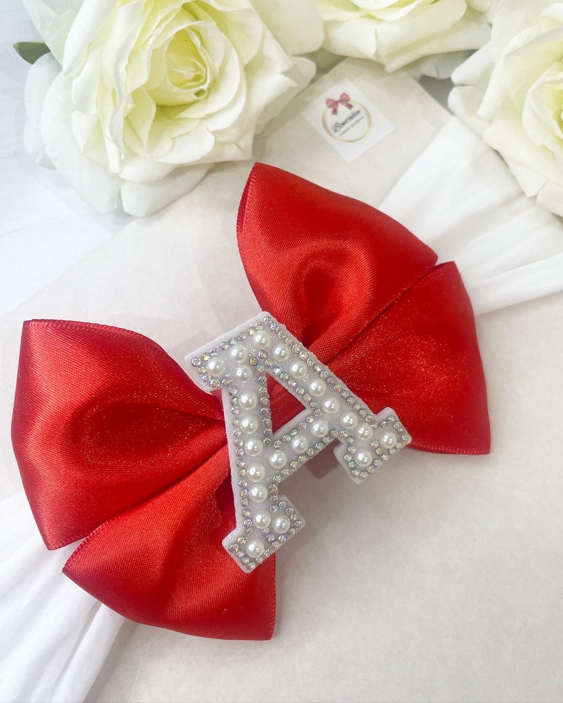 Personalised baby headbands Pearl initial headbands newborn accessories personalised baby bows baby shower gift pearl initial bows Red