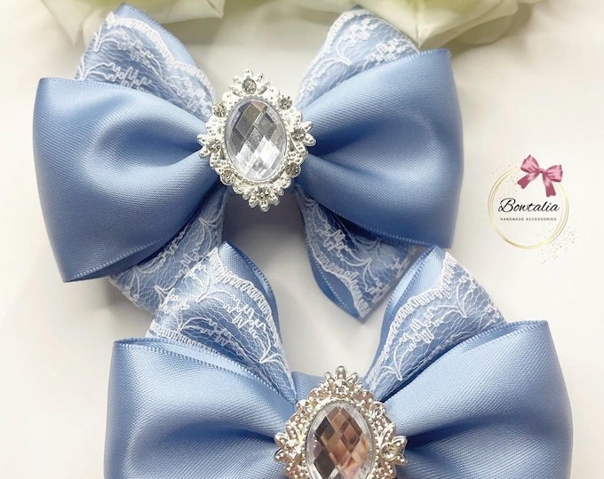 Lace Hair Bow Pigtail Clips: Silver Embellishment, Handmade (Set of 2)