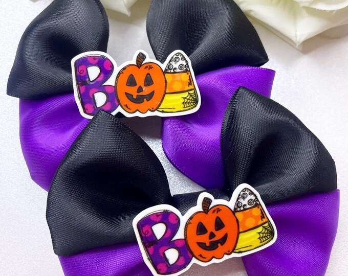 Halloween Pigtail Hair Bows: Black and Purple Clips (Set of 2)