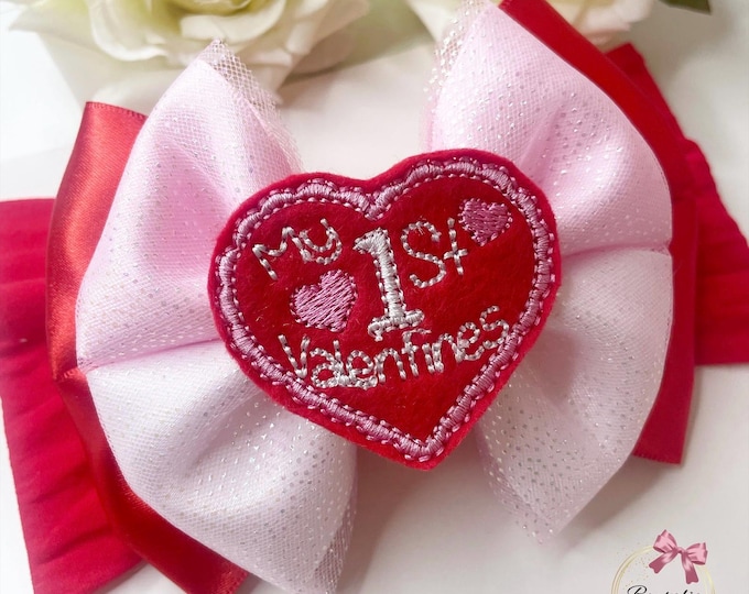 My First Valentine's Day Headband: Heart Bow, Red & Pink