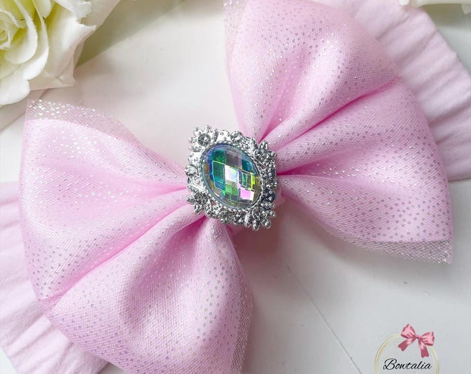 Pink Glitter Bow Baby Headband: Hologram Embellishment