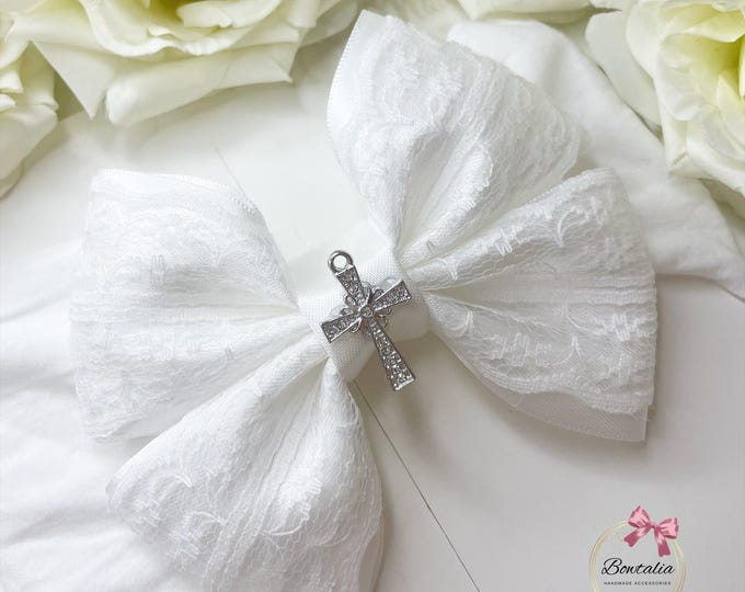 White Lace Christening Bow: Baby Girl Headband with Silver Cross