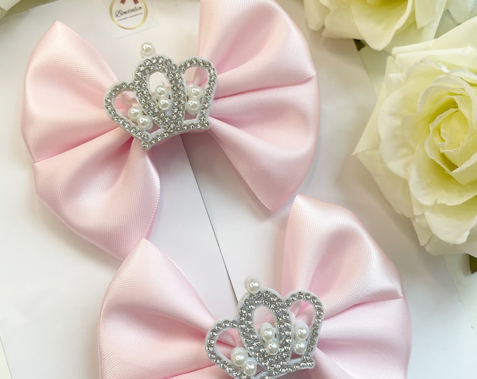 Pigtail Bows: Pink Princess Hair Clips with Pearl Crown (Set of 2)