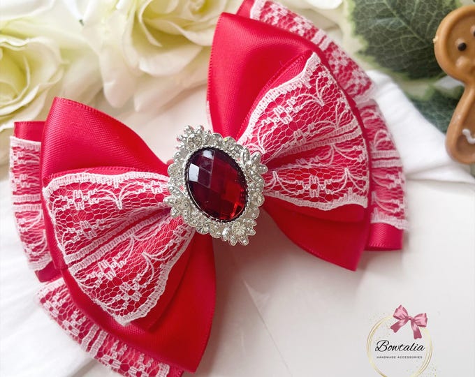 Red Lace Bow: Baby Headband or Clip