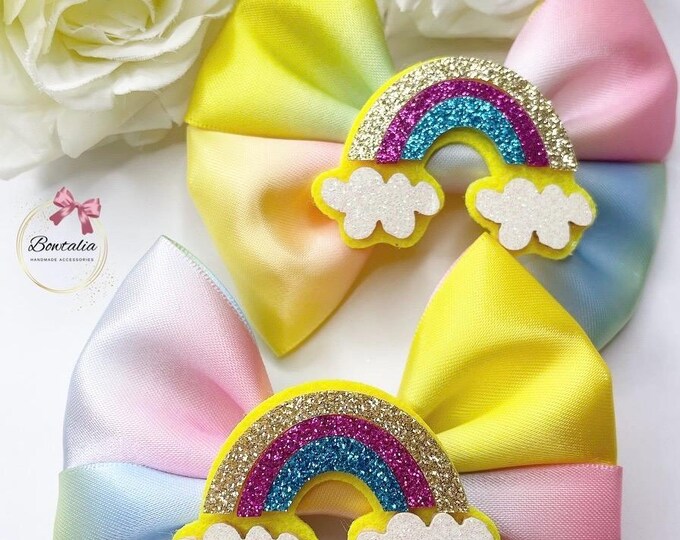 Rainbow Piggies Hair Clips: Glitter Rainbow Handmade Bows