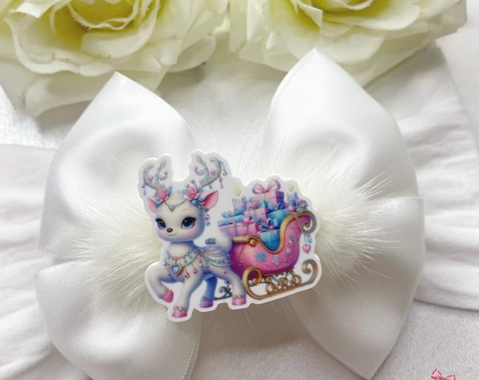 Reindeer Christmas Bow, White Baby Headband or clips