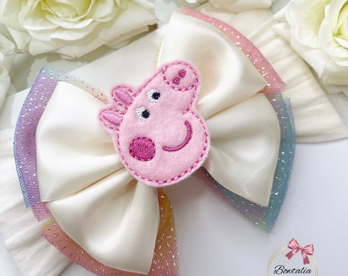 Pig Felt Baby Bow Headband: Rainbow Glitter Tulle, Cream Satin