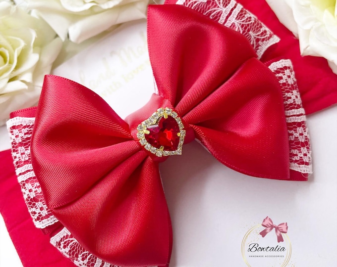 Red Lace Christmas Bow: Heart Center, Baby Headband or Clip