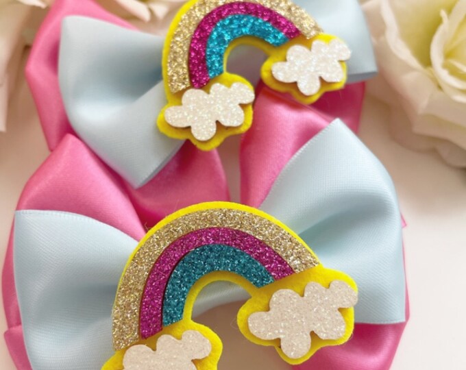 Rainbow Pigtail Hair Bow Clips: Pink & Blue, Set of 2