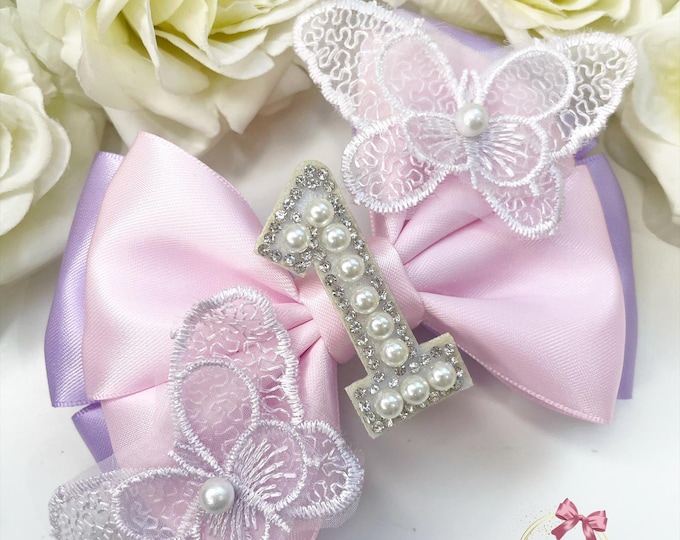 Butterfly Birthday Bow: Lilac & Pink Pearl Number Hair Clip
