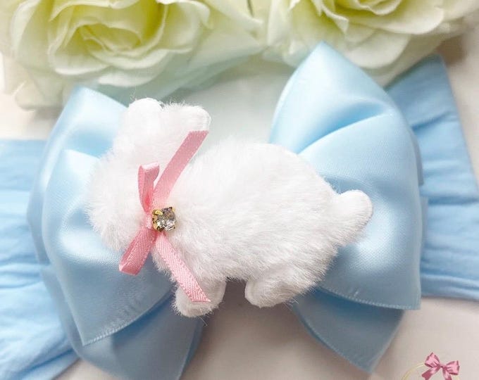 Blue Bunny Bow Headband: Baby Girl Easter Hair Accessory