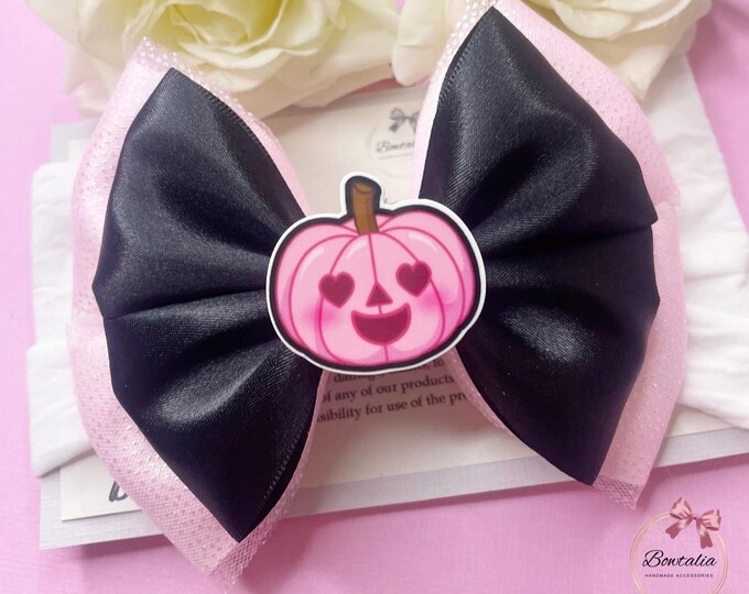 Pink & Black Halloween Pumpkin Bow: Baby Hair Clip or Headband