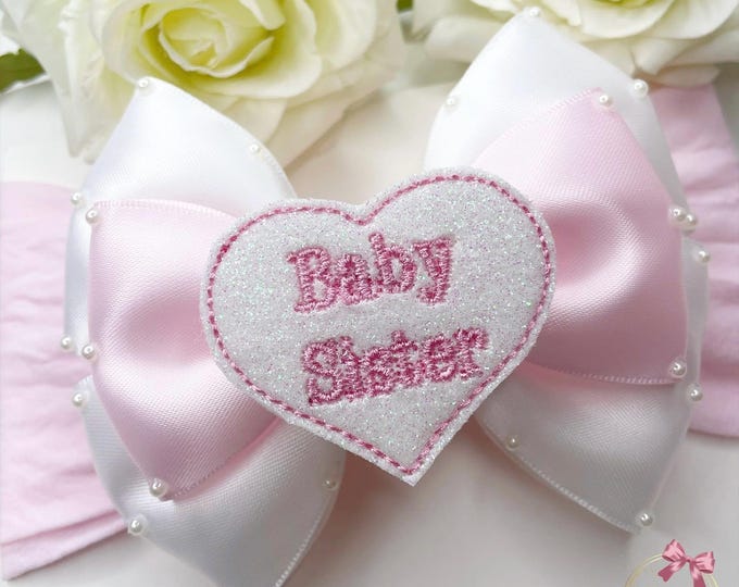 Baby Sister Bow: Pink & White Pearl Headband or Clip