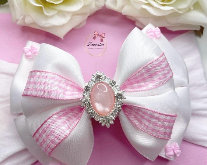 Gingham Bow: Pink & White Baby Headband or Clip - Handmade