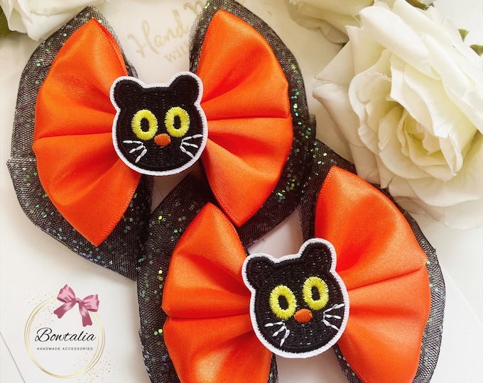 Halloween Hair Bow: Orange Satin & Black Cat Clip
