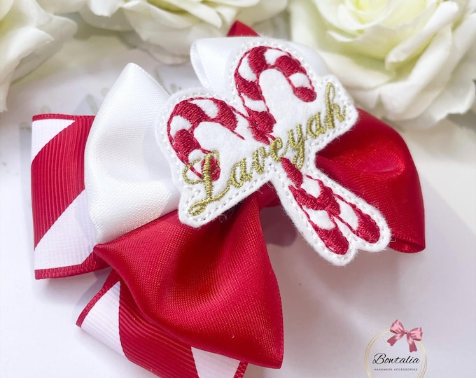 Personalized Christmas Candycane Hair Bow: Holiday Headband or Clip