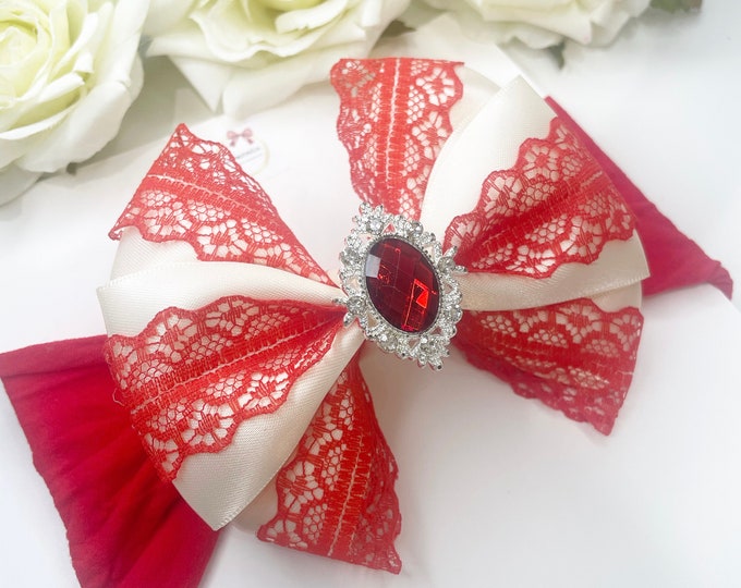 Red Lace Baby Bow: Princess Headband, First Birthday