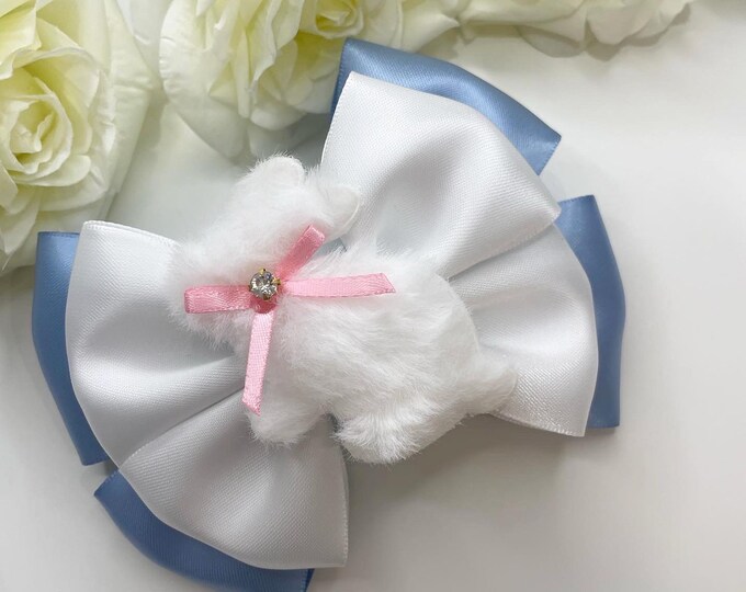 Easter Bunny Bow: Fluffy Center, Blue & White Hair Clip or Headband