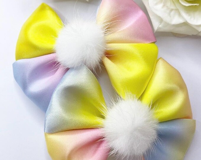 Easter Rainbow Pom Pom Bow: Baby Girl Hair Clip or Headband