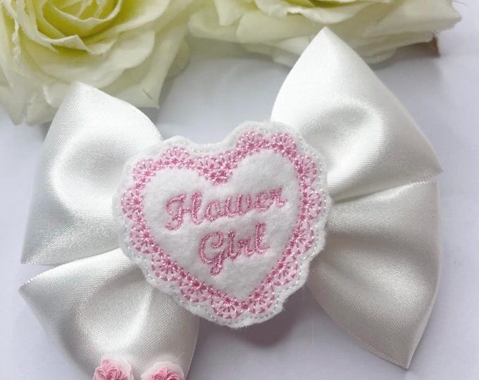 Flower Girl Bow: White Satin Hair Clip, Wedding Accessory