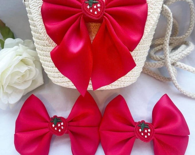 Girls Straw Bag with Bows & Hair Clip Set