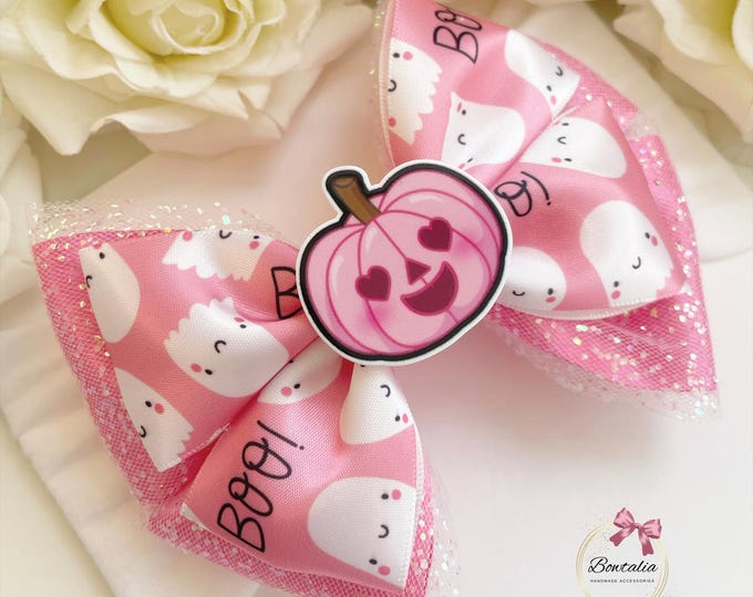 Pink Halloween Baby Bow: Ghost & Pumpkin Hair Clip or Headband