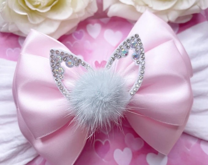 Pink Bunny Ear Headband | Rhinestone Bow, Pom Pom Accent, Easter Toddler Accessory