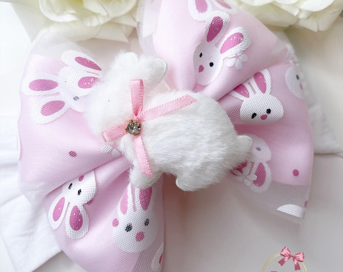 Easter Bunny Bow: Fluffy Pink Hair Clip or Headband