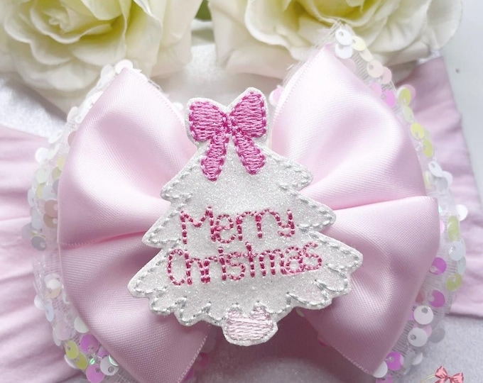 Pink Christmas Tree Hair Bow, Sparkly Holiday Headband