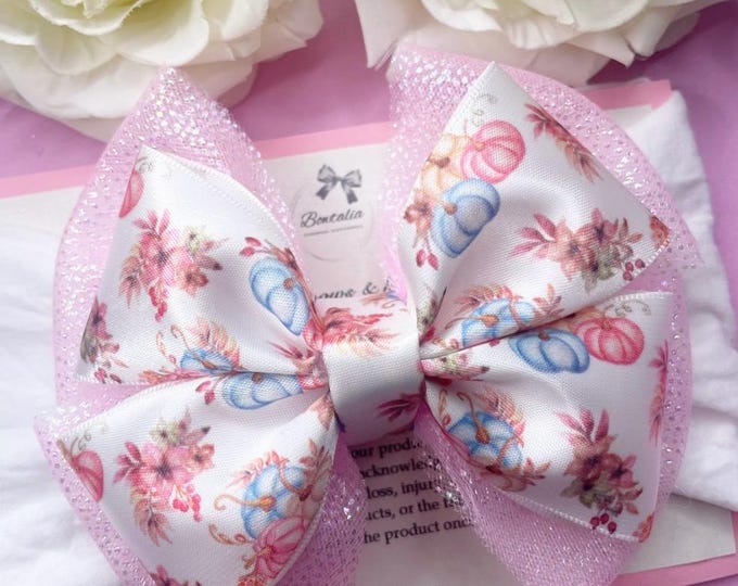 Glitter Pumpkin Bow Headband: First Halloween, Pink & White