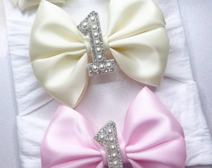 Birthday Bow Headband, Pearl Number, Baby Celebration Bow
