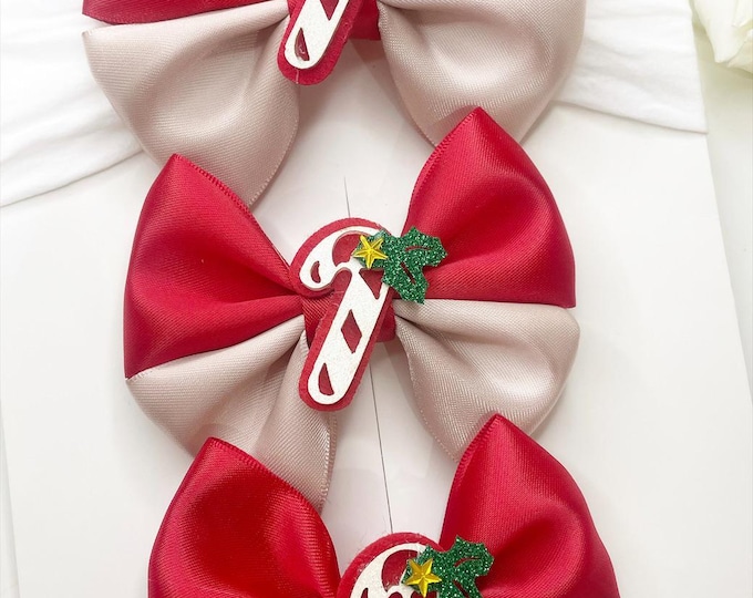 Candy Cane Christmas Hair Bows: Matching Pigtail Clips