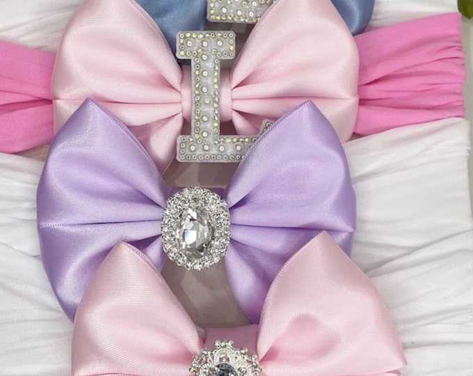Pearl Initial Baby Bow Headband Bundle: Handmade Nylon Bows