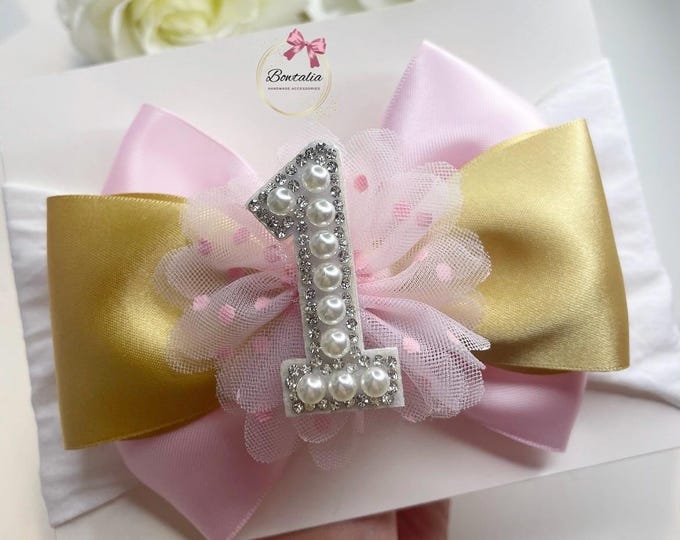 Pink & Gold Birthday Bow: Flower Headband or Clip