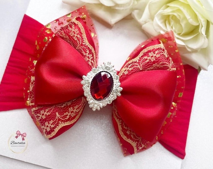 Red Christmas Lace Bow Headband | Baby Holiday Hair Accessory