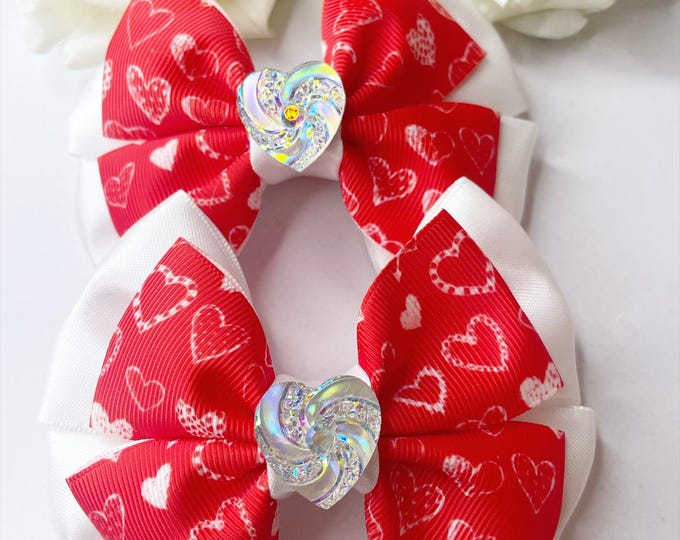 Valentines Hair Bows: Red Heart Piggies, Baby Girl Clips