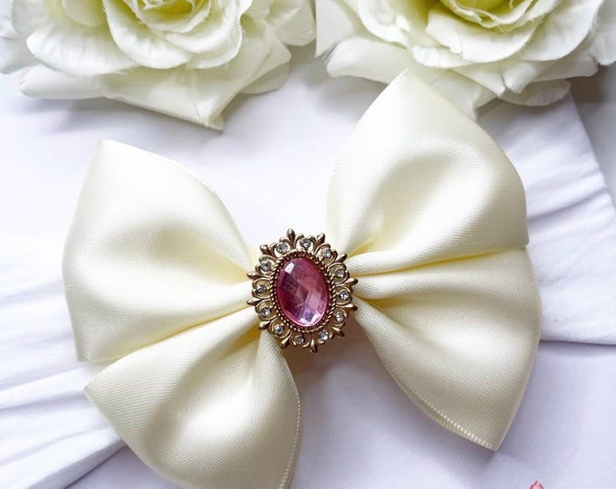 Cream Baby Bow Headband: Gold & Pink Embellishment
