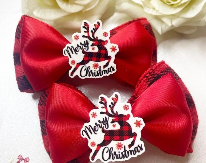 Red Reindeer Hair Bows: Matching Pigtail Clips
