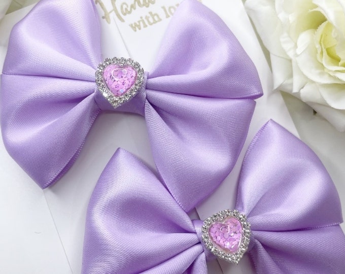 Lilac Hair Bows: Handmade Pigtail Clips with Heart Embellishment