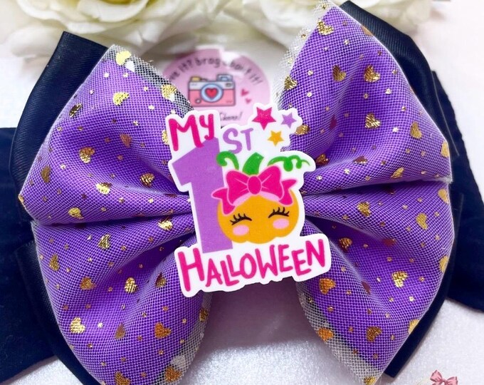 My 1st Halloween Baby Bow: Purple & Gold Polka Dot Headband