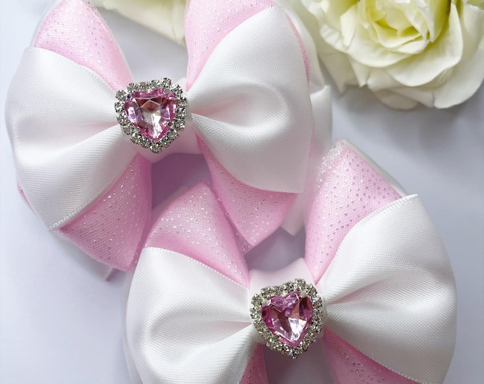 Valentine's Pigtail Bows: Pink Glitter Heart Hair Clips (Set)
