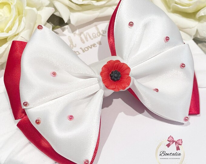 Poppy Hair Bow: Remembrance Day Red & White Bow
