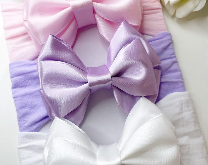 Baby Bow Headband Set: Pink, Lilac & White Nylon Headbands