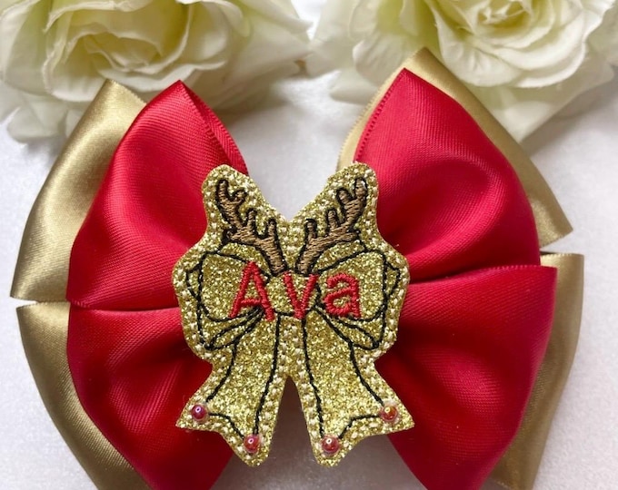 Reindeer Christmas Bow Red & Gold Baby Headband or Clip