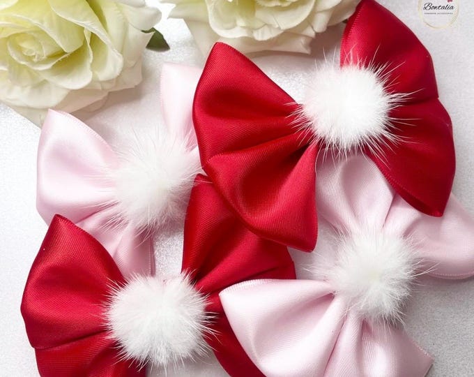 Girls Christmas Pigtail Hair Bows: Pom Pom Clips, Set of 2